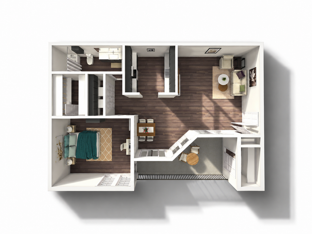 Chic 3D floor plan showcasing a cozy 1-bedroom apartment with an open kitchen, inviting living room, and stylish bathroom.