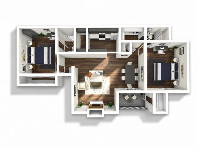 Modern 2D floor plan showcasing 2 spacious bedrooms, open living and dining area, sleek kitchen, and elegant wooden flooring.