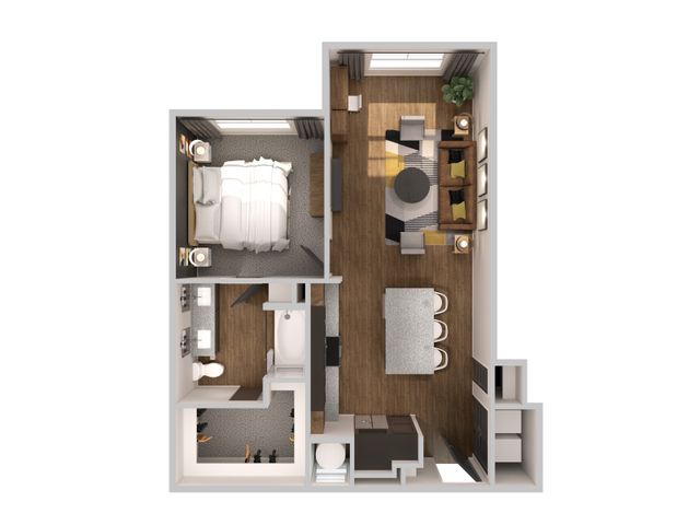 Chic floor plan featuring a cozy bedroom, modern bathroom, and open-concept living and kitchen area with stylish furnishings.