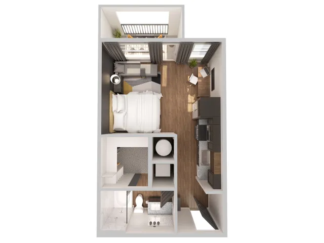 Modern floor plan showcasing a cozy bedroom, open-concept living and kitchen area with stylish wood flooring, and a chic bathroom layout.
