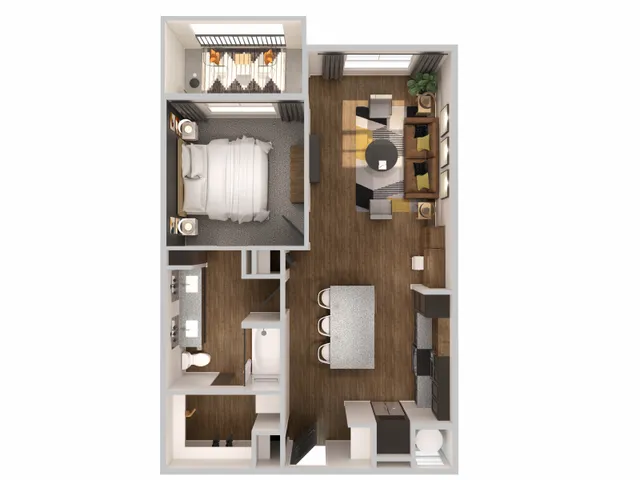 Modern floor plan showcasing a cozy one-bedroom apartment with open-concept living area, stylish kitchen island, spacious bathroom, and intimate balcony.
