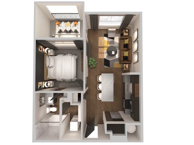 Elegant floor plan with a cozy bedroom, modern kitchen, stylish living area, and charming balcony space.