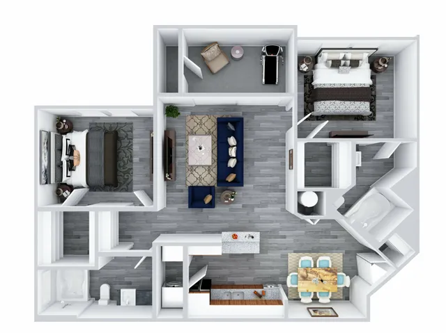 Modern 3D floor plan showcasing 2 bedrooms, cozy living room, and gourmet kitchen with dining area, designed with elegant furnishings and sleek flooring.