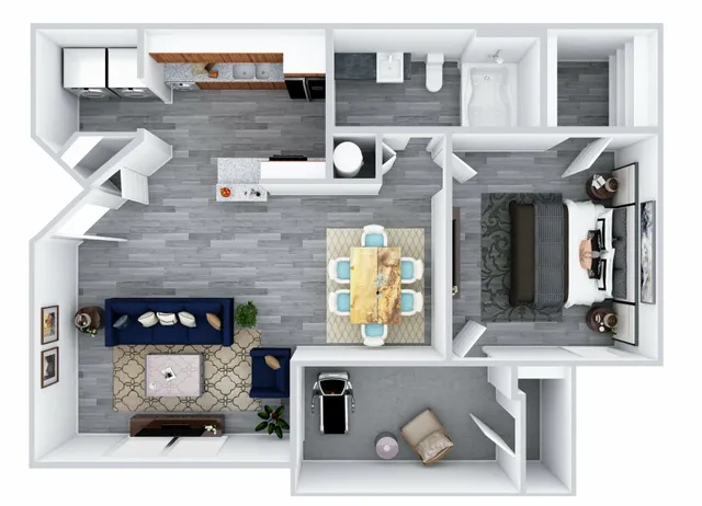 Modern open-concept floor plan with a spacious living area, stylish kitchen, elegant dining space, and cozy bedroom retreat.