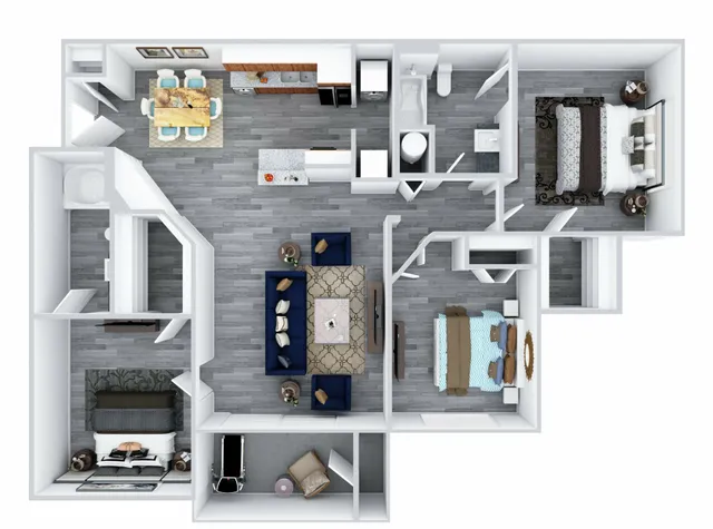 Modern 3D floor plan featuring three bedrooms, a sleek open kitchen, dining area, and a cozy living room.
