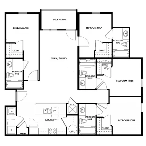 Elegant floor plan highlighting 4 bedrooms, a modern kitchen, open living and dining area, with access to a deck patio, perfect for family living.