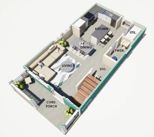 Modern 3D floor plan showcasing a stylish living area, dining space, contemporary kitchen, and convenient covered porch.