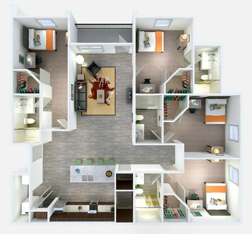 Modern 3D floor plan showcasing 3 bedrooms, open living room with stylish decor, and a sleek kitchen with an island.