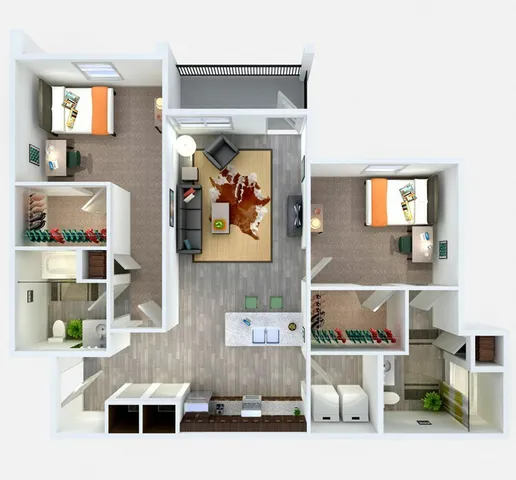 Modern 3D floor plan featuring two cozy bedrooms, a sleek open kitchen, and a stylish living room with contemporary decor.