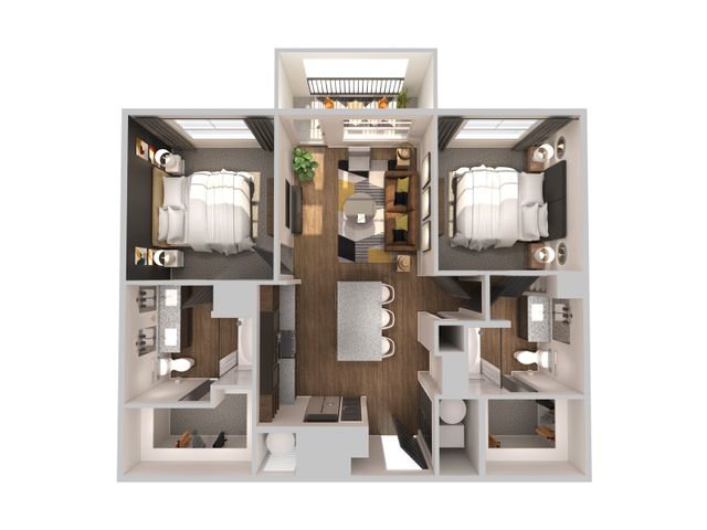 Modern 3D floor plan featuring two bedrooms, a stylish open-concept living room, and a sleek kitchen with a central island.