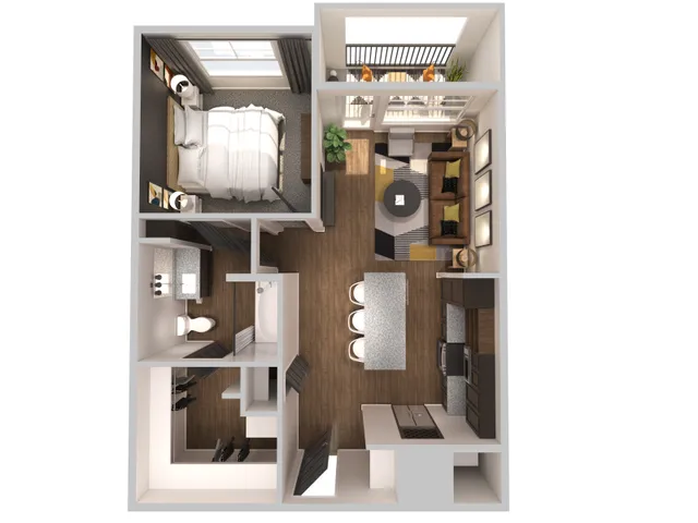 Contemporary 2D floor plan featuring a cozy bedroom, sleek kitchen, inviting living room, and elegant bathroom, complemented by a stylish balcony.