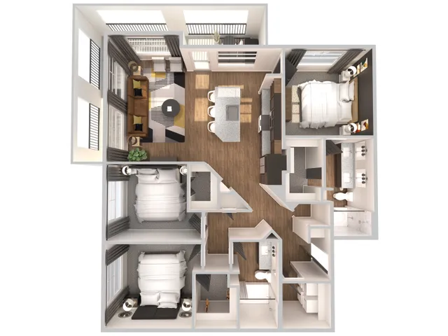 Modern 3D apartment floor plan featuring three bedrooms, an open-concept living area, sleek kitchen, and two bathrooms, designed for comfort and style.
