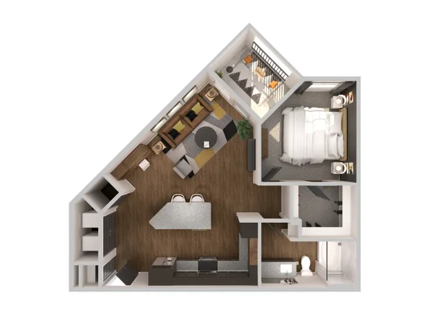 Elegant floor plan showcasing a cozy bedroom, open-concept living and dining area, modern kitchen with island, and a stylish bathroom.