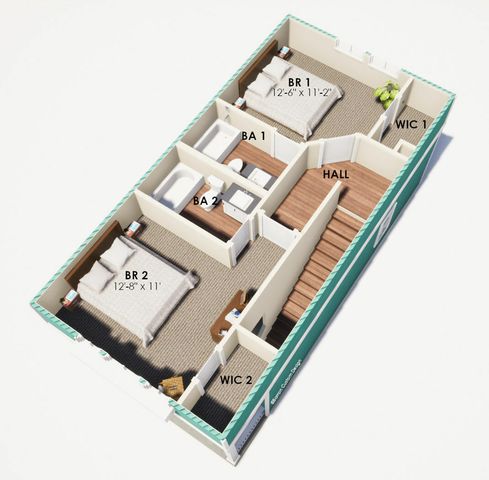 Elegant 3D floor plan showcasing 2 luxurious bedrooms, 2 modern bathrooms, and spacious walk-in closets, perfect for comfortable living.