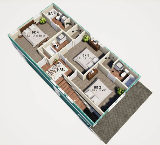 Elegant 3D floor plan showcasing 4 spacious bedrooms, 2 bathrooms, walk-in closets, and a welcoming hallway.