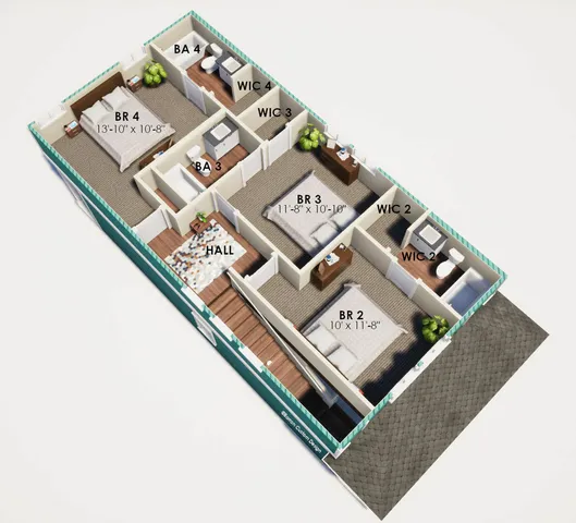 Modern 3D floor plan showcasing four spacious bedrooms, each with walk-in closets, and two bathrooms, designed for comfort and style.