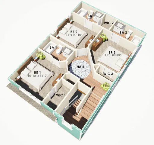 Elegant 3D floor plan showcasing 3 bedrooms, 3 bathrooms, and ample walk-in closets, centered around a stylish hall.