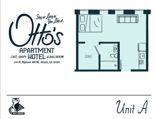 Chic Unit A floor plan at Otto\'s Apartment Hotel featuring a cozy bedroom, modern kitchen, and spacious living area in Atlanta, GA.