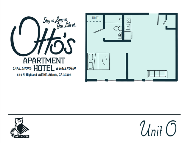 Charming floor plan of Otto\'s Apartment Hotel Unit O, showcasing an inviting bedroom, modern kitchen, and cozy living area in Atlanta.