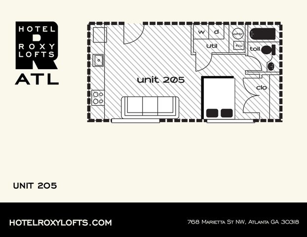 Modern loft-style floor plan of Unit 205 featuring an open living area, utility space, and a compact bathroom layout at Hotel Roxy Lofts, Atlanta.