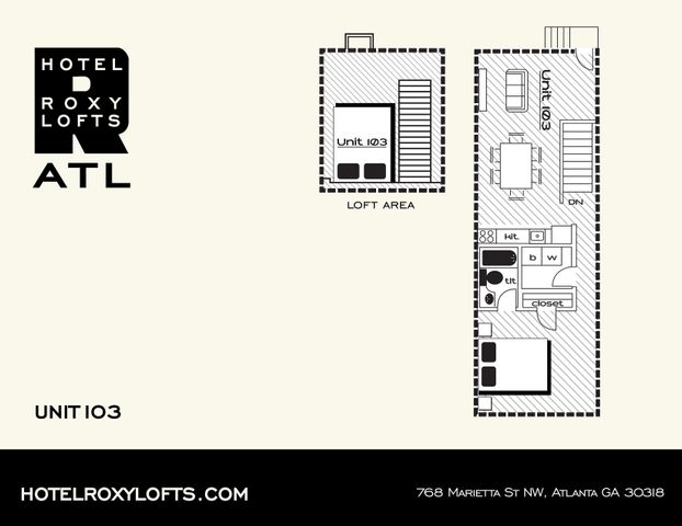 Chic loft-style floor plan for Unit 103 at Hotel Roxy Lofts, featuring an open layout with a cozy loft area, modern kitchen, and stylish living space. Located in Atlanta, GA.