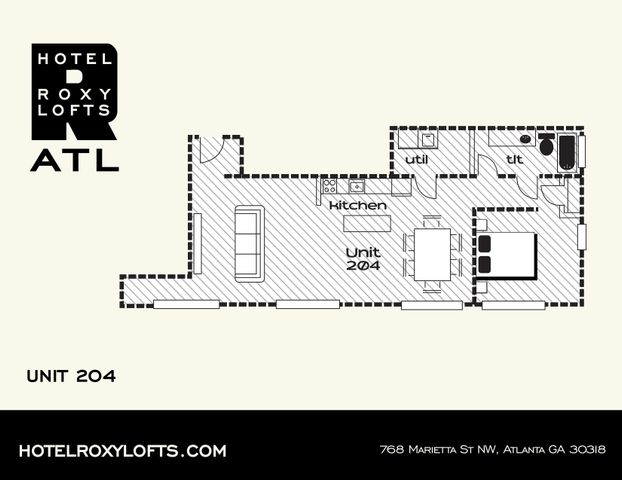 Chic floor plan for Unit 204 at Hotel Roxy Lofts featuring a spacious layout with an open kitchen, dining area, comfortable living space, and a cozy bedroom with bath in Atlanta.