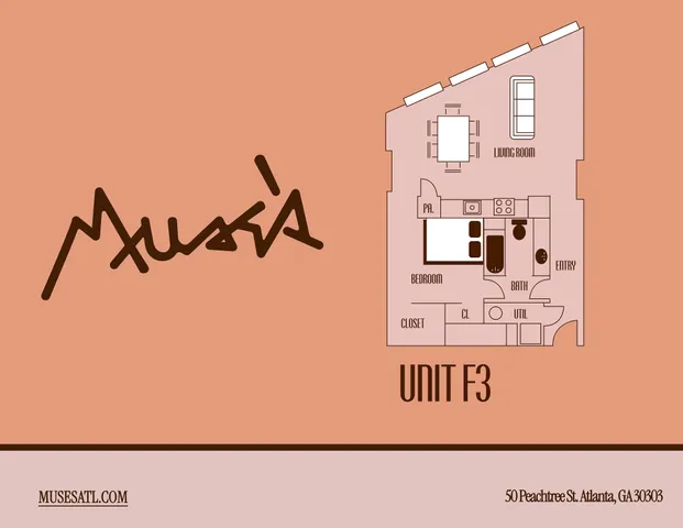 Chic floor plan of Unit F3 showcasing a modern living room, efficient kitchen, and cozy bedroom in Atlanta\'s vibrant Muse\'s complex.