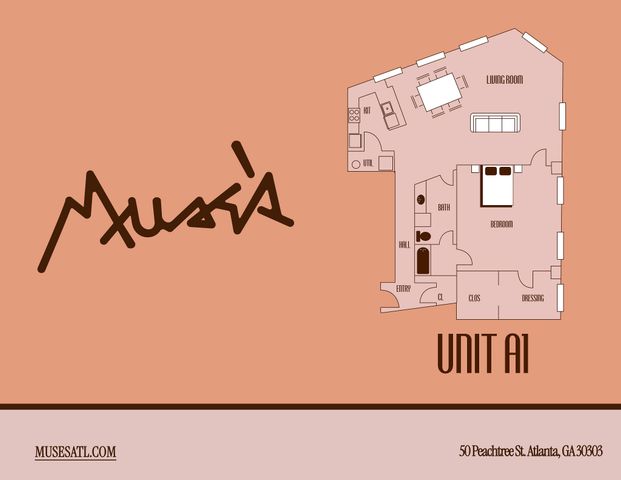 Chic Unit A1 floor plan showcasing a modern layout with a spacious bedroom, elegant living room, and stylish kitchen in Atlanta.