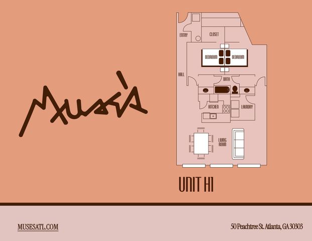 Chic unit H1 floor plan with 2 bedrooms, stylish kitchen, inviting living room, and convenient laundry area at MUSE\'S apartments, Atlanta.