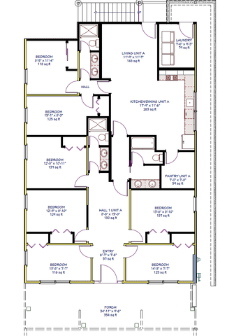 Elegant floor plan featuring 7 spacious bedrooms, an open-concept kitchen and dining area, cozy living room, and a large porch. Includes multiple bathrooms, laundry, and pantry for optimal convenience.