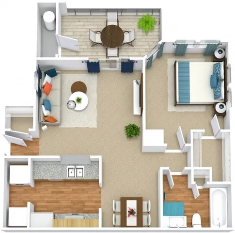 Elegant 2D floor plan showcasing 1 bedroom, open living area, modern kitchen, and spacious balcony with outdoor seating.