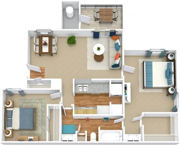 Modern 2D floor plan showcasing 2 bedrooms, open living room, dining area, and a cozy balcony for an inviting urban lifestyle.