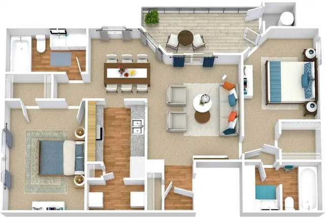 Charming 2D floor plan featuring 2 bedrooms, a stylish open living area, modern kitchen, and elegant balcony.