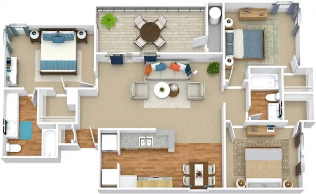 Charming 3D floor plan with two cozy bedrooms, elegant open-plan living and dining area, modern kitchen, two bathrooms, and a spacious outdoor balcony perfect for relaxing.