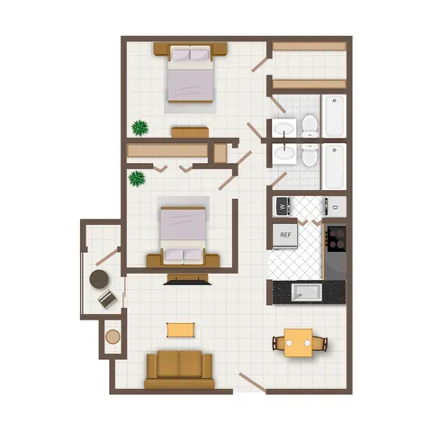 Chic 2D floor plan featuring 2 cozy bedrooms, a functional kitchen, and a welcoming living area with stylish design.