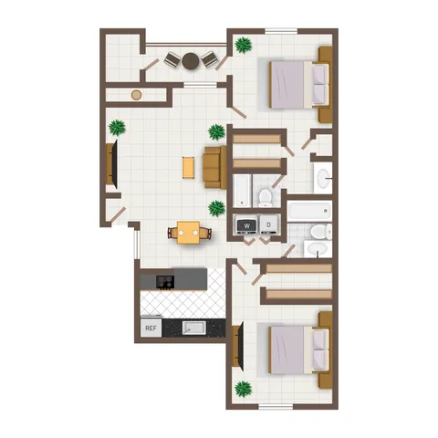 Modern 3-bedroom floor plan with spacious open-concept living area, stylish kitchen, and two bathrooms, ideal for comfortable family living.