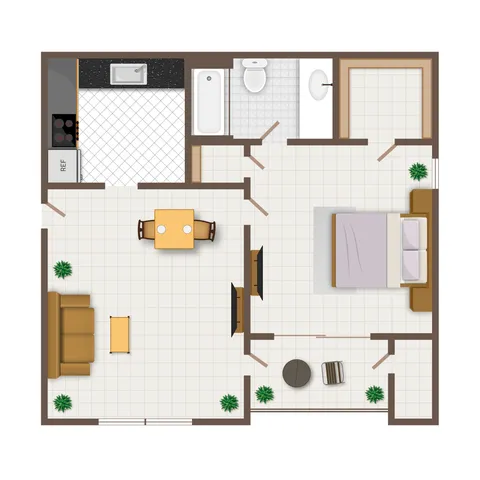 Chic 2D floor plan featuring one-bedroom, open living and dining area, modern kitchen, spacious bathroom, and cozy ambiance.