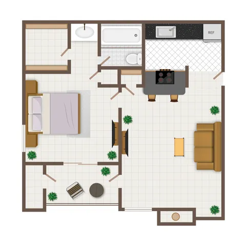 Charming open-concept floor plan featuring one bedroom, a cozy living area, modern kitchen with dining space, and a stylish bathroom. Ideal for comfortable and efficient living.