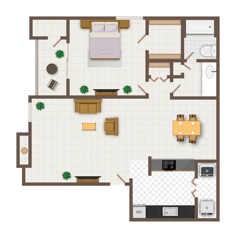 Inviting floor plan with a spacious bedroom, elegant living room, cozy dining area, and modern kitchen layout.