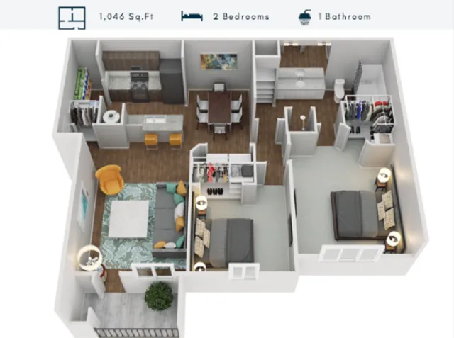 Modern 3D floor plan showcasing 2 spacious bedrooms, 1 bathroom, and an open-concept living area with a cozy sitting space, kitchen, and dining area in a 1046 sq ft layout.
