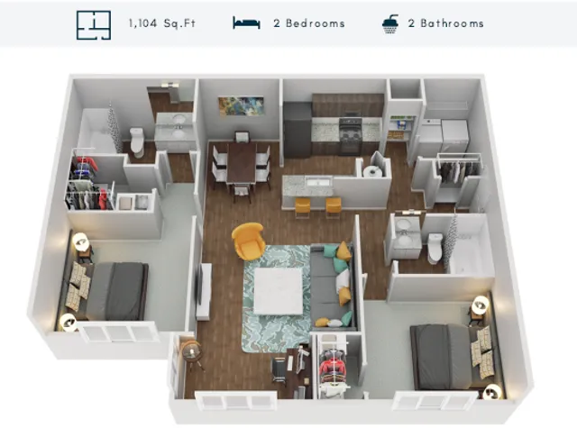 Modern 3D floor plan featuring 2 bedrooms, 2 bathrooms, a spacious open-concept living area, and a stylish kitchen, all within 1,104 sq ft.