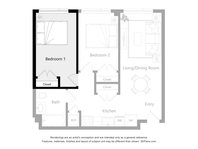 Modern floor plan showcasing 2 cozy bedrooms, an inviting living/dining area, a sleek kitchen, and a well-appointed bath.
