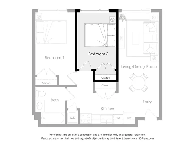 Elegant floor plan illustrating a modern 2-bedroom apartment with open living and dining area, cozy kitchen, and a thoughtfully designed bathroom.