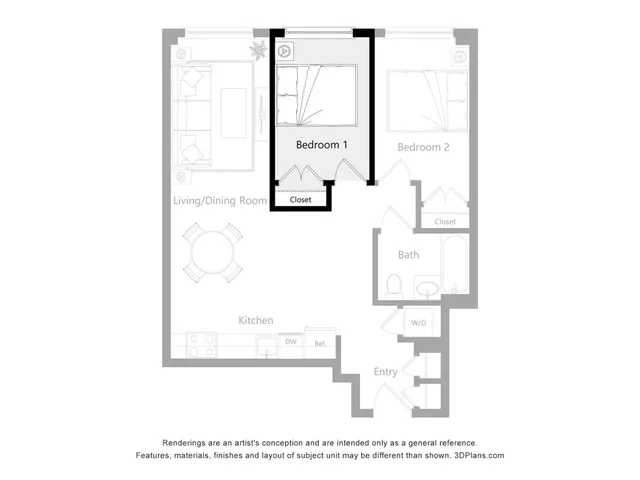 Modern 2D floor plan featuring 2 bedrooms, a spacious living/dining area, and a sleek kitchen with a convenient entry layout.