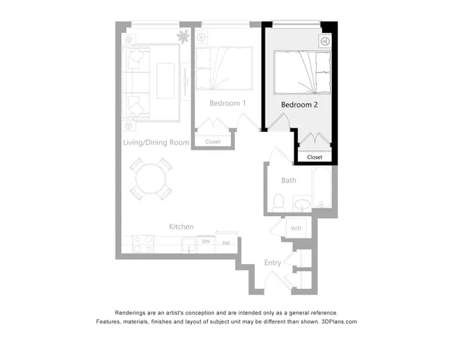 Modern 2-bedroom apartment floor plan featuring an open-concept living and dining area, functional kitchen, and a well-placed bathroom.