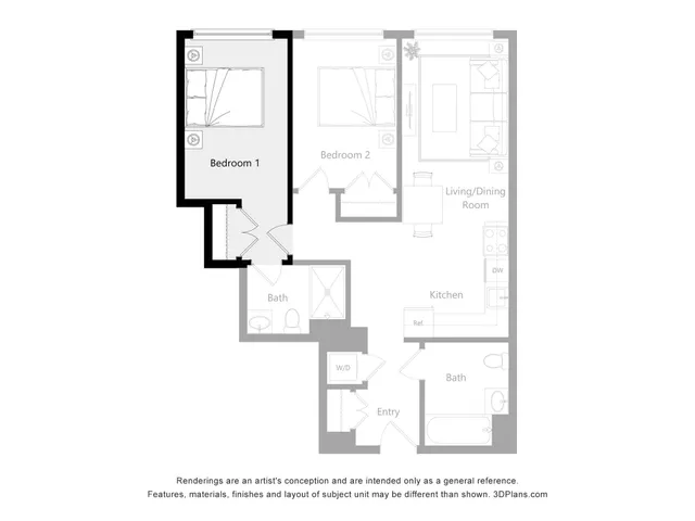 Modern floor plan showcasing 2 bedrooms, a cozy living/dining area, an efficient kitchen, and 2 baths. Perfect blend of functionality and style.