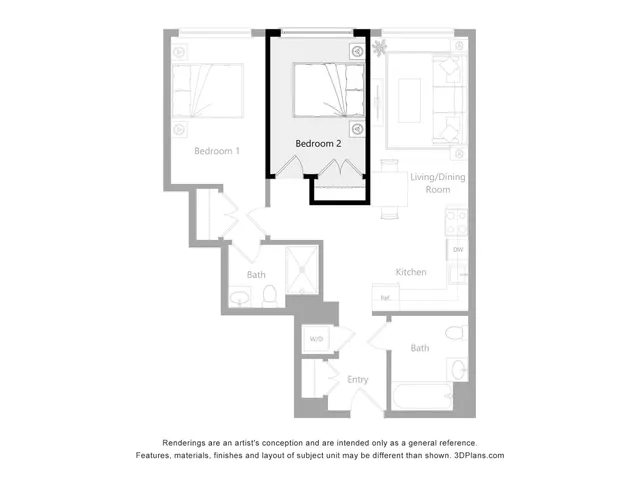 Efficient floor plan showcasing 2 bedrooms, modern kitchen, and open living/dining area for comfortable living.