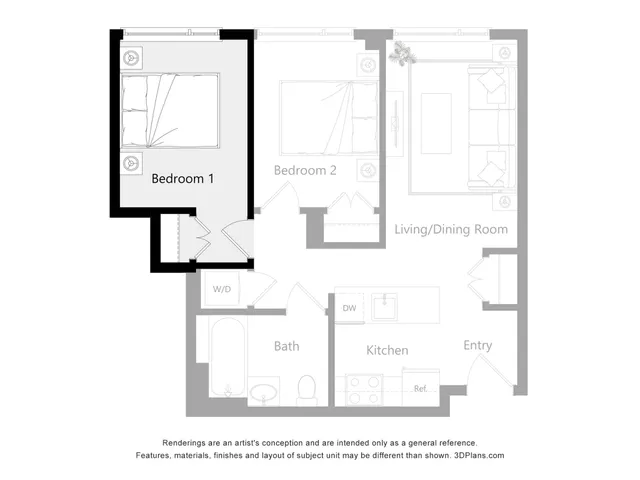 Modern apartment floor plan highlighting 2 cozy bedrooms, a spacious living/dining area, and a well-equipped kitchen. Includes a stylish bathroom and convenient washer/dryer space for optimized living.