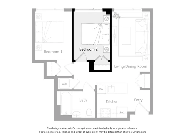 Modern apartment floor plan featuring 2 bedrooms, open living/dining area, sleek kitchen, and cozy bathroom. Includes washer/dryer area.