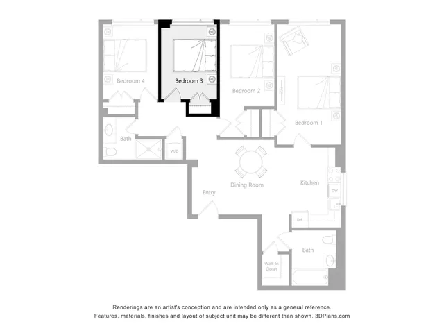 Elegant floor plan design featuring four spacious bedrooms, an open dining area, and a modern kitchen layout, perfect for a stylish home.